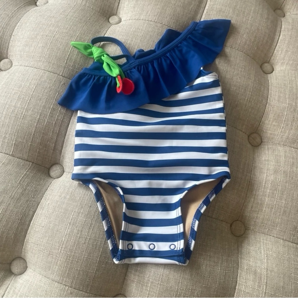 Old Navy Blue and White Striped One-Piece Swimsuit with Cherry Accent